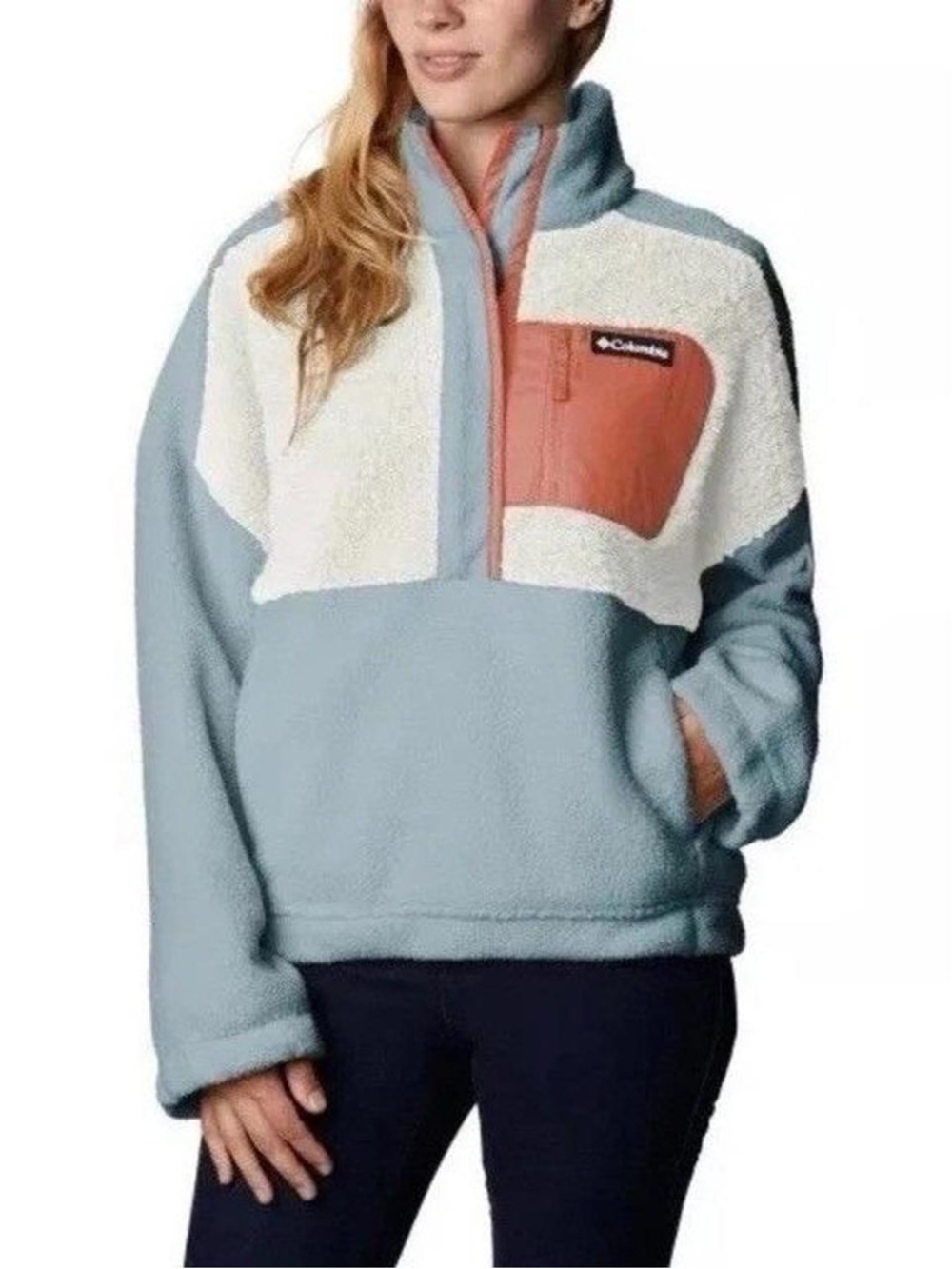 Columbia Light Blue and Cream Sherpa Pullover with Coral Pocket